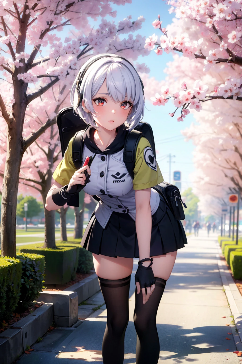 <lora:anby:0.8>,Anbi,Muzen Zero Zone,1girl,solo,gloves,stockings,fingerless gloves,weapon,black gloves,black high socks,skirt,white hair,short hair,backpack,holding weapon,sword,bag,, (masterpiece:1.2),(best quality:1.2),intricate details,newest,ai-generated,perfect anatomy,1girl, 
beautiful girl,Leaning forward with hands on thighs,Splendid,airport,Cherry blossom trees in full bloom,
edgQuality,