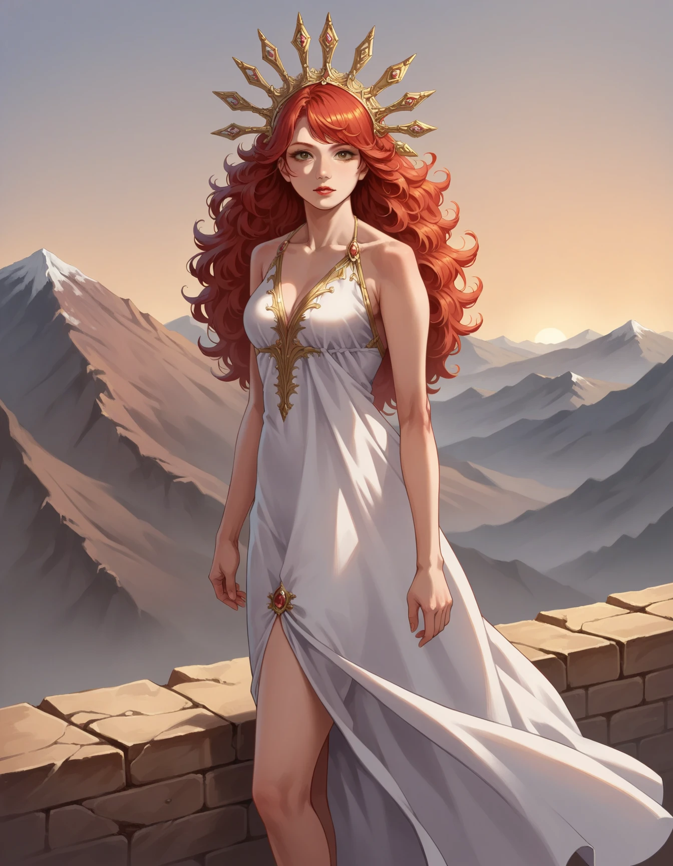 score_9, score_8_up, score_7_up, score_6_up, best quality, anime, 1girl, pale skin, long red hair, bangs, portrait, lipstick, hud_gdss_sn, white dress, gold trim, curly hair, looking at viewer, gold jewel headdress, <lora:sun_goddess-000008:0.6>, mountains, sunrise, standing on cliff, bare feet