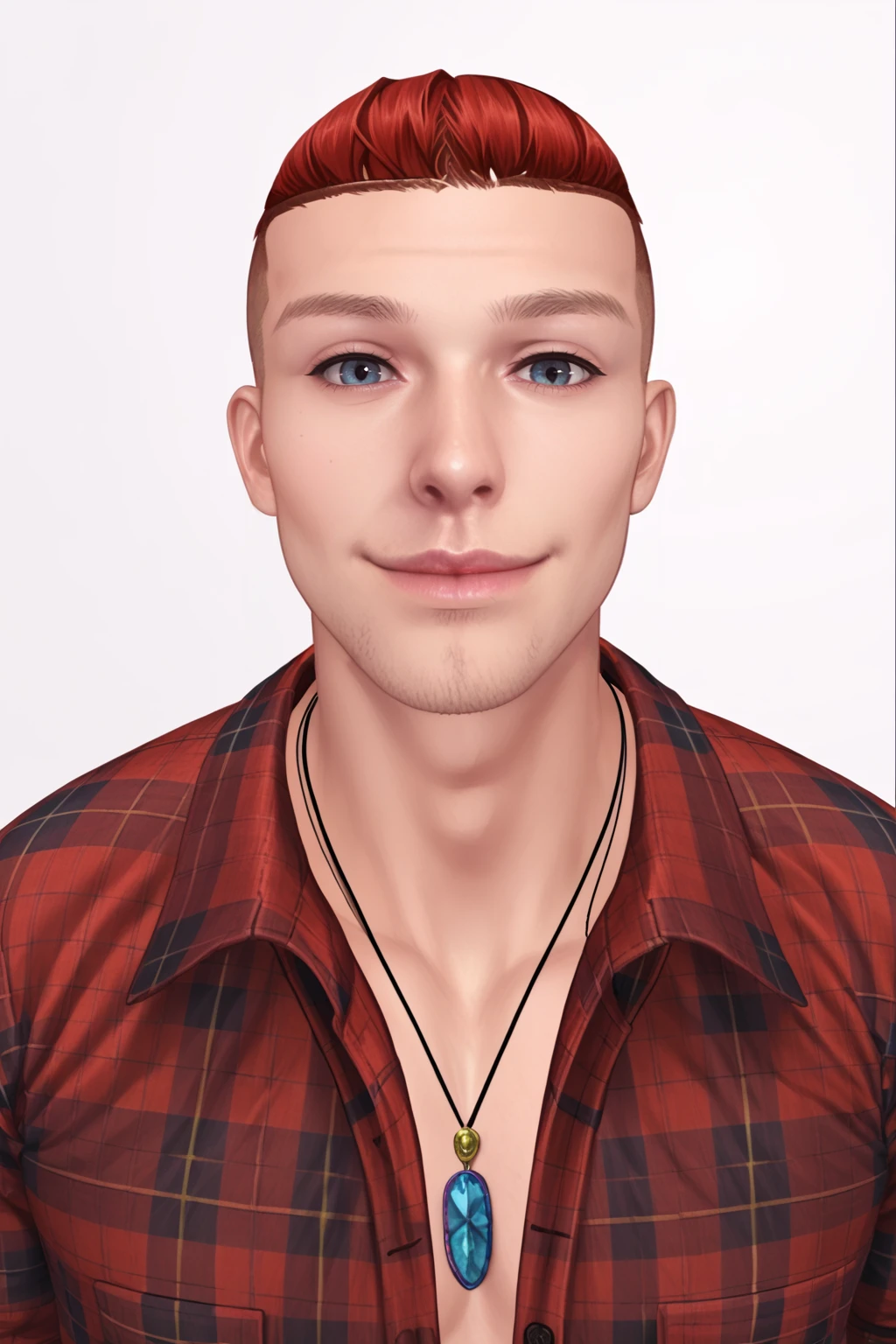 PonyXLV6_Scores , rnxdkxlz, solo, realistic, male focus, 1boy, red hair, looking at viewer, shirt, jewelry, necklace, plaid shirt, facial hair, plaid, white background, simple background, lips, smile, red shirt , <lora:RanaHXV:0.8>