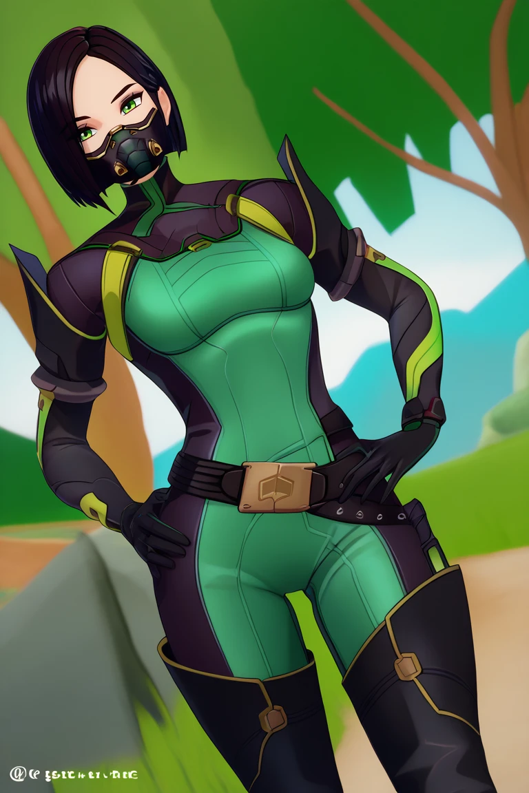 <lora:knightoflove-guy-PONYv1:1>, 1girl, solo, looking at viewer,   <lora:valorantviper-pdxl-nvwls-v1:0.9> valVipr, bob cut, green eyes, black hair, green and black bodysuit, black gloves, belt, thigh boots, black respirator, mouth mask, hand on own hip, outdoors,