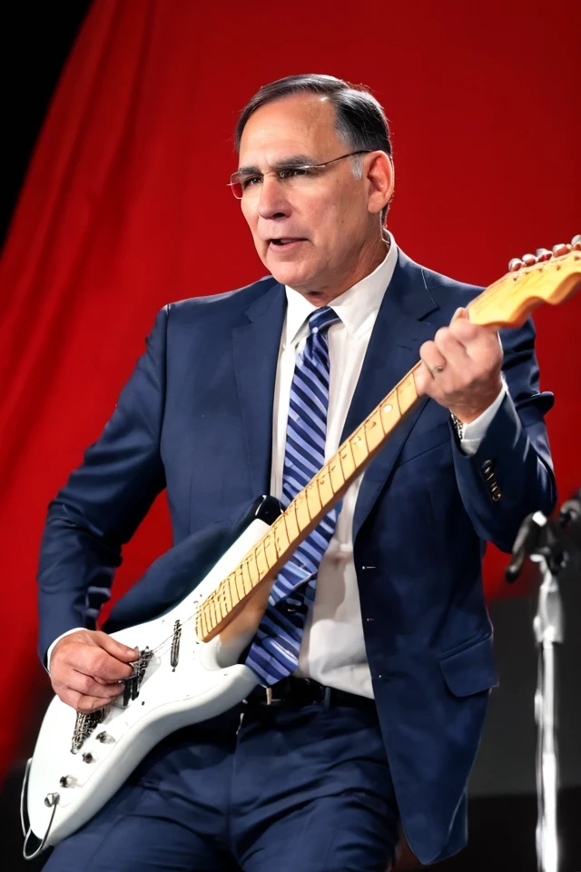 john boozman <lora:senate_007_john_boozman:0.65> , face closeup, face focus, shirt, formal, suit, collared shirt, white shirt, jacket,
Senate Rockstar: Dressed in leather pants, a rock band t-shirt, and sunglasses, holding an electric guitar on a stage with flashing lights and a cheering crowd in the background,
best quality, masterpiece, HDR, professional, studio quality, highres,
