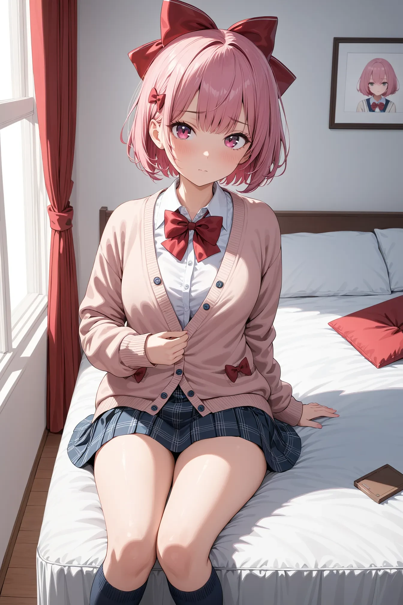 1girl, solo, bow, bowtie, cardigan, hair bow, looking at viewer, pink hair, red bowtie, short hair, socks, masterpiece, best quality