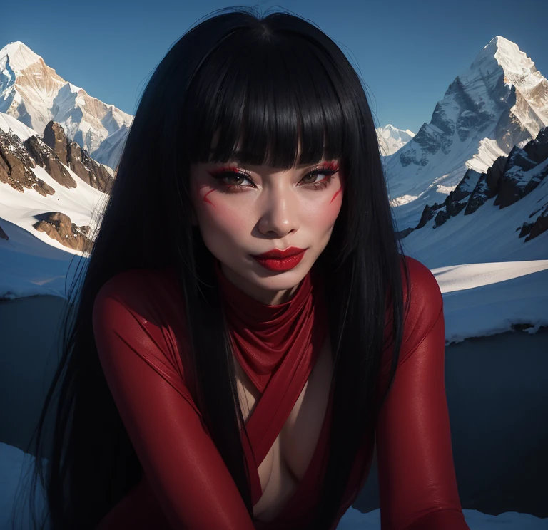 selfie,realistic,SFW, bai ling as Bazlunipa woman sith lord <lora:Bazlunipa:1>, clothing(dramatic sith rob ), cheeky smile, background (himalayan mountain), lightsaber, evil incarnate,