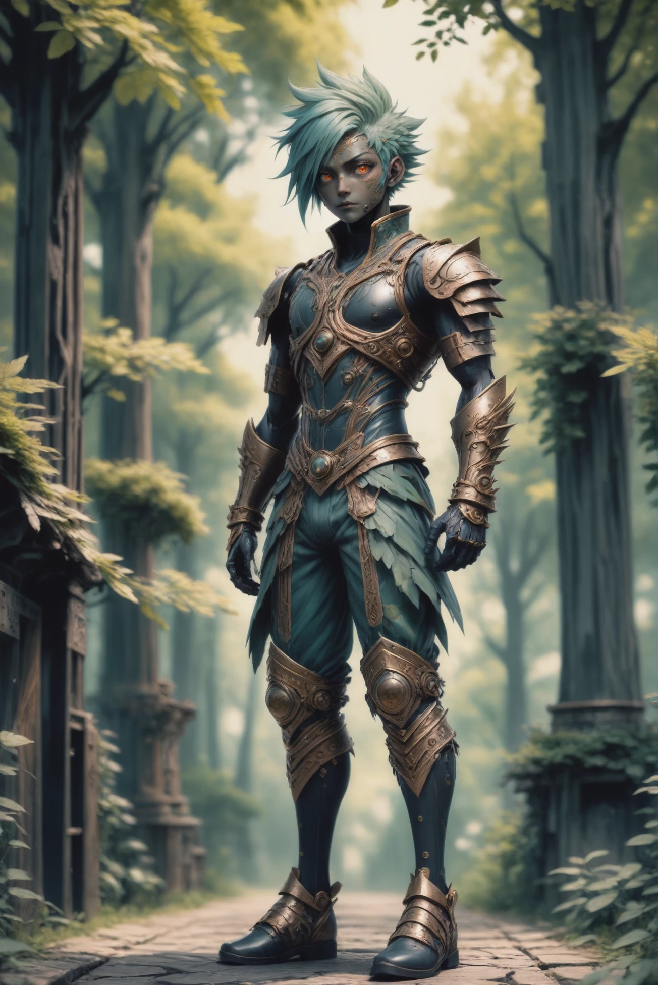 anime style, bronze forest automaton, full body, character concept art, (full body:1.2), 1boy, man, masculine, solo, [:formal costume design,:0.2] mystic, japanese, darkolivegreen hair, (athletic:1) build, Oxygen Production Plants<lora:EnvyStarlightBronzeOrder01:1>