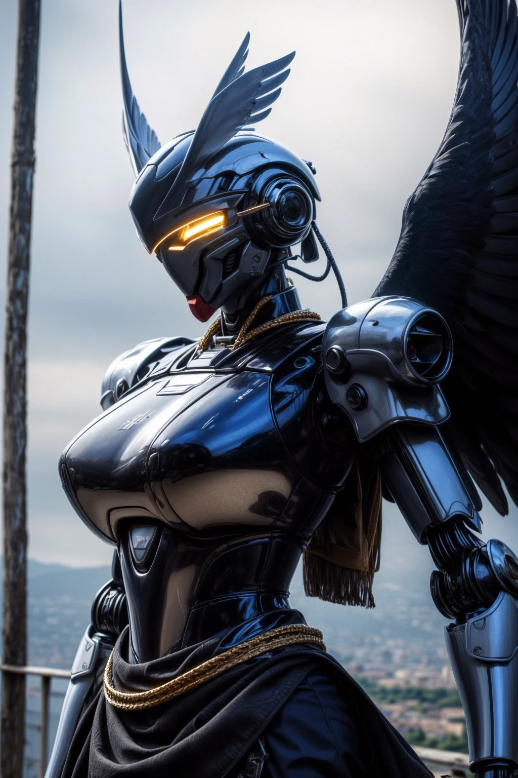<lora:NOFACE V3.0:0.8>,noface,Gundam,huge_breasts,mecha,solo,1other,upper body,helmet,science fiction,robot,no humans,glowing,mask,armor,cable,chain mail,crack,fully armed,glowing eyes,<lora:more_details>,realistic,, (masterpiece:1.2),(best quality:1.2),intricate details,newest,ai-generated,perfect anatomy,1girl,
beautiful girl,Pretending to fly like a bird,Insulted,vatican city,Steampunk Cityscape with Airships,
edgQuality,