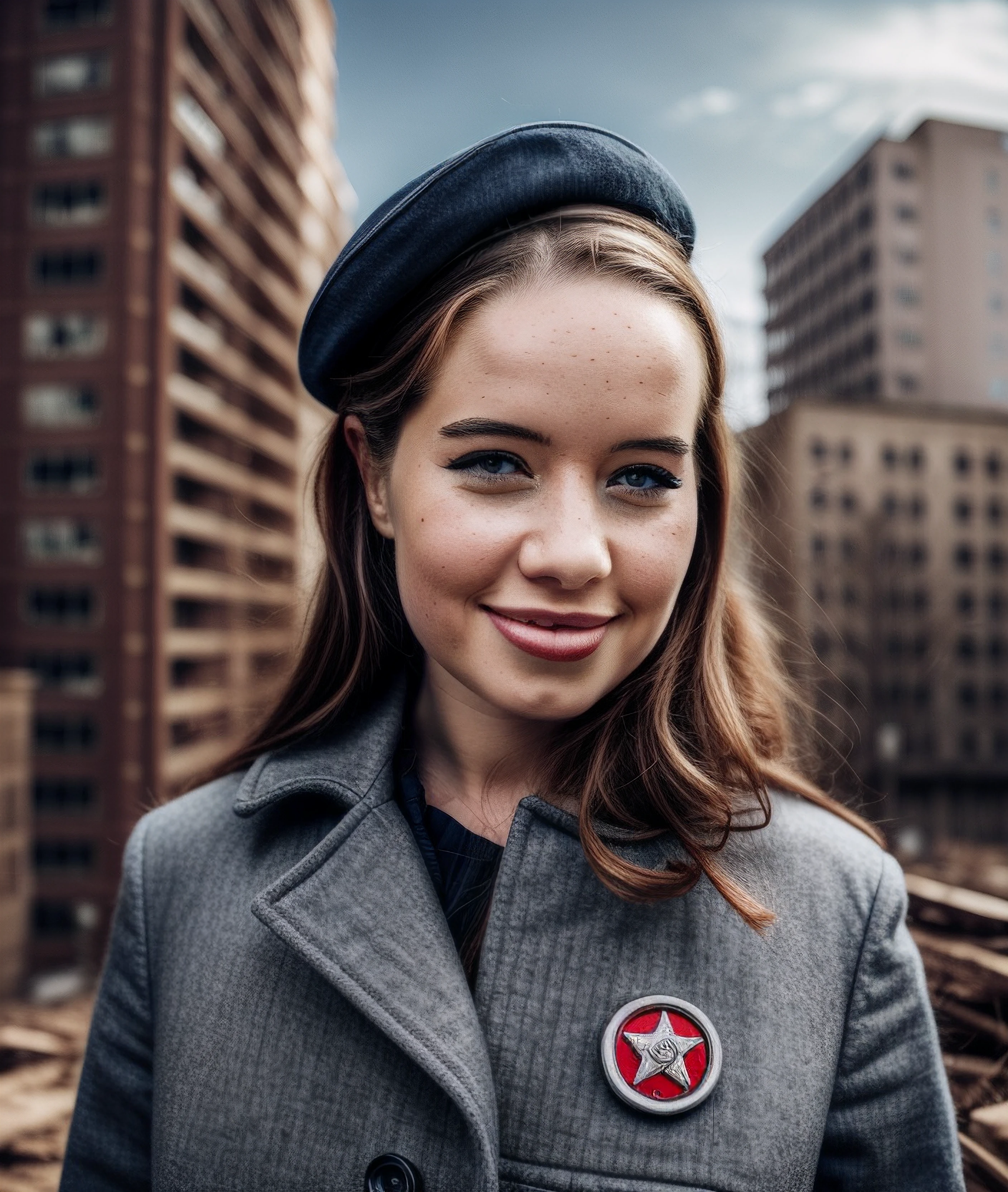 apopp, masterpiece photograph, smile:1, dramatic makeup, (steampunk post-apocalyptic background: factory, gears, grit, metal, steam), military overcoat, uniform, happy, face features, wavy hair, beret, portrait, face focus, 8k, masterpiece, skin details, ((((red)))), patches
