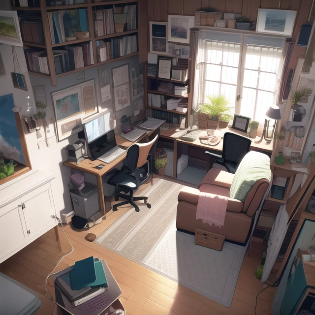 masterpiece,best quality,indoors,interior design,room,chair,desk,bed,window,no no humans,<lora:Sectional perspective:0.85>,