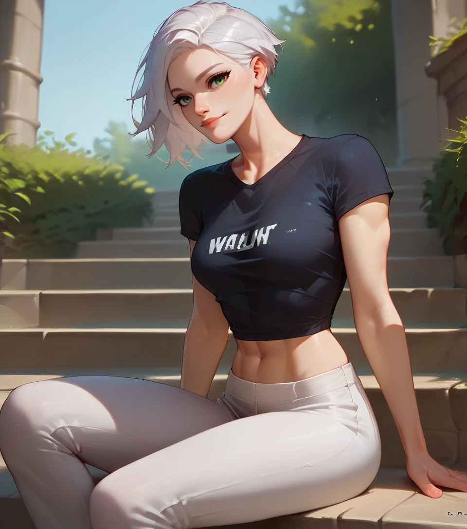 score_9, score_8_up, score_7_up, Score_6_up, Score_5_up, Score_4_up, Runa, 1girl, solo, white hair, athletic, green eyes, t-shirt, pants, outdoors, stairs, sitting, smile <lora:Runa:0.8>