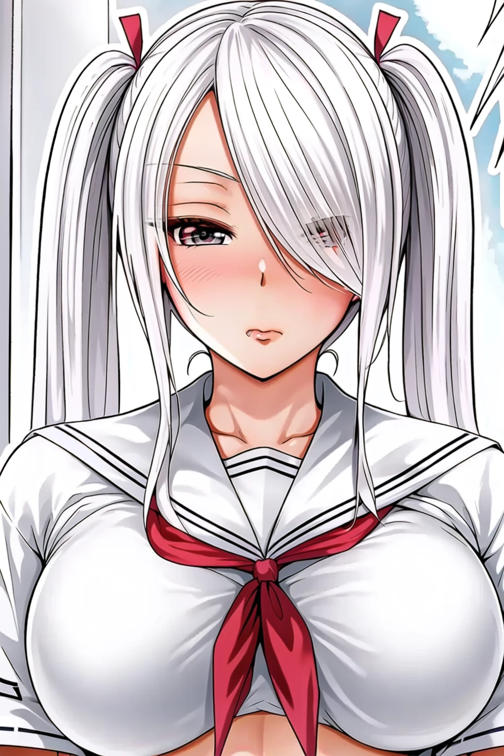score_9, score_8_up, score_7_up, score_6_up, h1m3n0, 1girl, , female, Mei Mei ,(( white braided hair, hair over one eye)), red lips, latex bdsm w nurse uniform, highly detailed bedroom, kneeling on bed and doing perfect blowjob to holding penis in her handputting penis deeply in her mo), sucking penis, lewd look, (om the s)