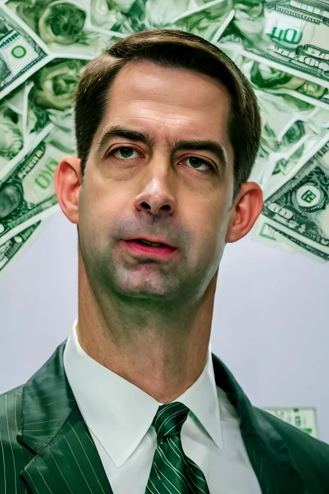 tom cotton <lora:senate_008_tom_cotton:0.65> , face closeup, face focus, shirt, formal, suit, collared shirt, white shirt, jacket,
green suit, dollars, money, bills, green banknotes flying,
best quality, masterpiece, HDR, professional, studio quality, highres,
