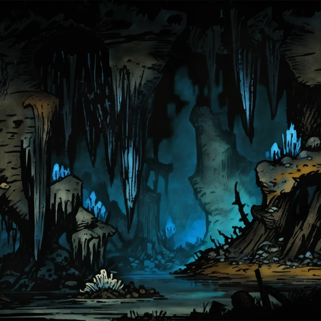 DarkestDungeon, gorgeous landscape, extremely detailed impressionistic painting, 19th century painting by John Longstaff, DDAreaCove, DDAreaWeald, cave interior, bright blue light coming from bioluminescent mushrooms, glowing mushrooms, stalactites, stalagmites, odd rock formations, white rock walls