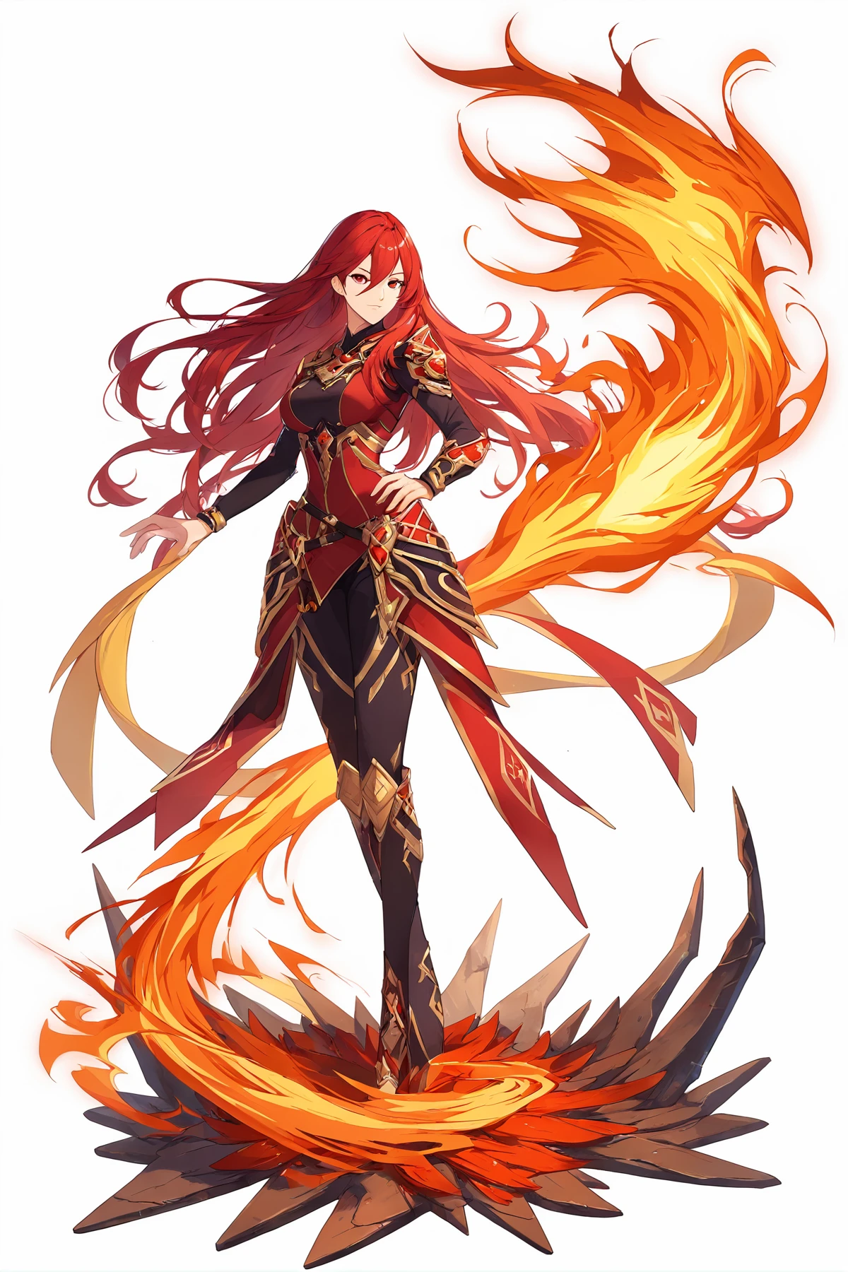 score_9, 
<lora:gachasplash_v1_lite:1>, white background, full body, 
1girl, solo, 
long hair, red eyes, red hair, long hair, 
fire, 
standing, 
high resolution, Masterpiece