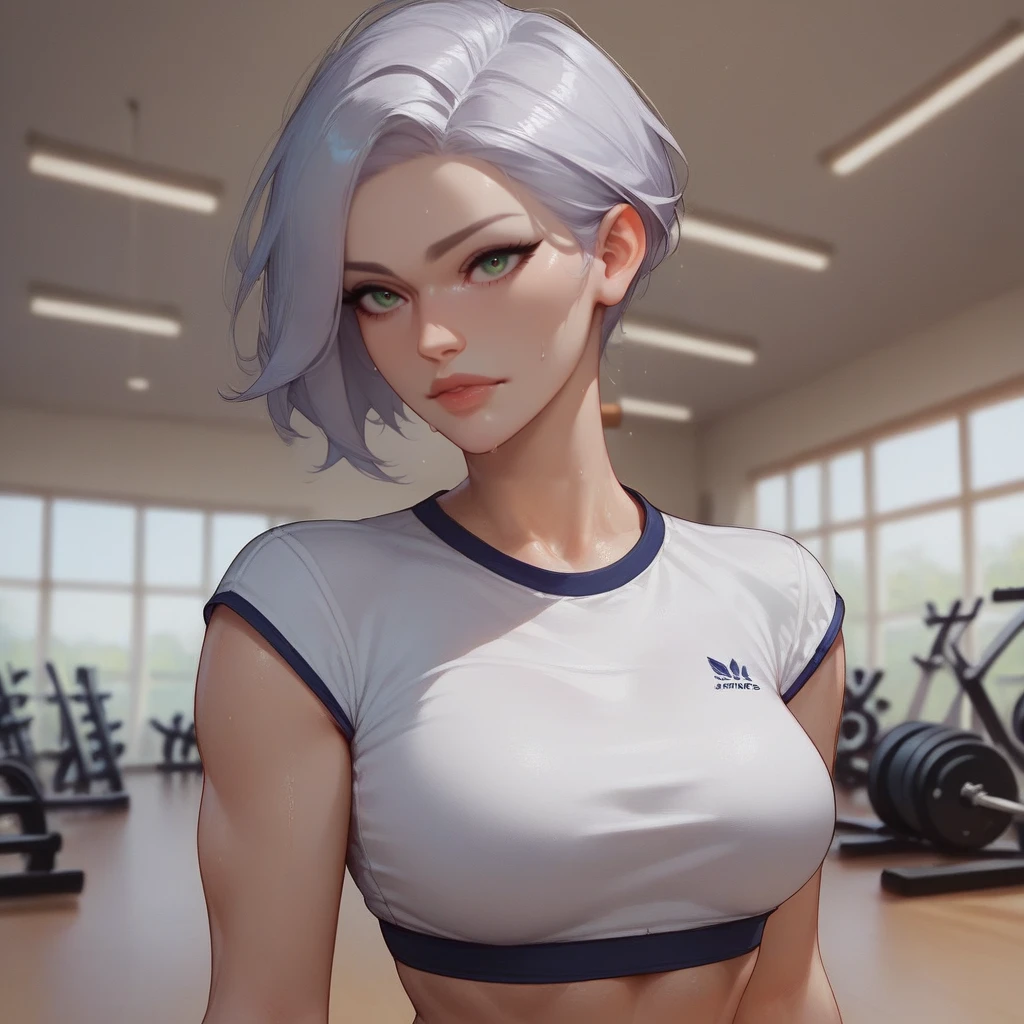 score_9, score_8_up, score_7_up, score_6_up, Score_5_up, Score_4_up, Runa, 1girl, Silver hair, athletic, muscular, indoors, upper body, medium breasts, background, gym uniform, gym shirt, yoga pants,sweat, green eyes,  <lora:Runa:0.8>