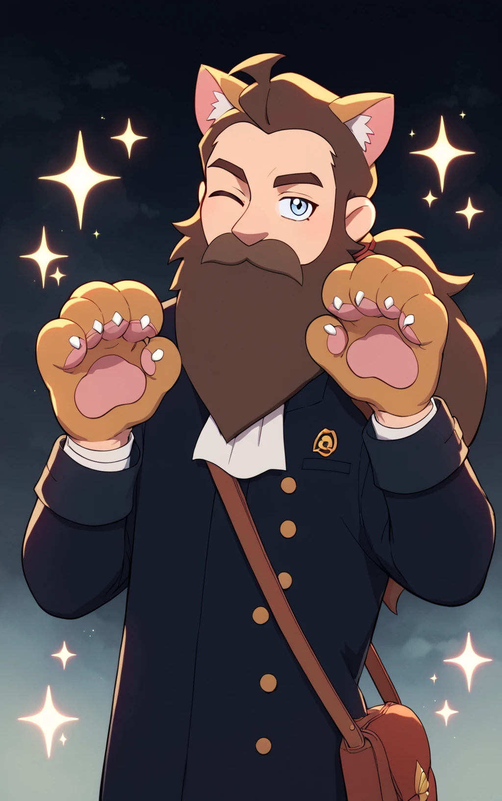 score_9, score_8_up, score_7_up, score_6_up, (cowboy shot, perfect hands),looking at viewer, <lora:Emperor_Belos_The_Owl_House:0.8>, emperorbelos, blue eyes, brown hair, long hair, ponytail, beard, mustache, navy coat, white cravat, shoulder bag, cat ears, eye wink, sparkles, cat hands, :3, philipbelos