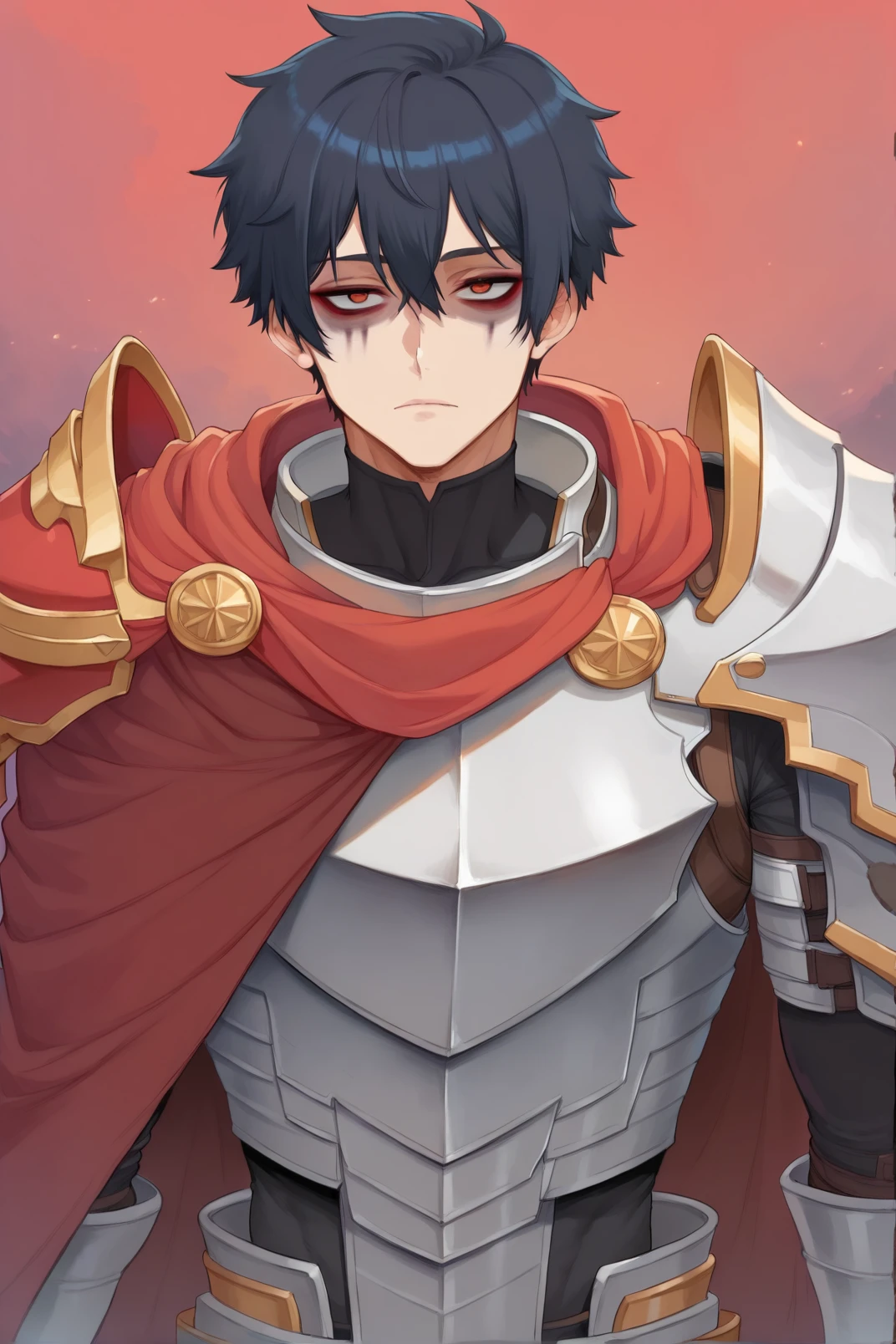 1boy, kim_minsu, bags under eyes, bangs, red cape, armor, shoulder armor, breastplate, <lora:Kim Minsu _Hero has Returned Pony XL-000002:0.8> ,  <lora:cutesexyronutts_style_xl:0.65> csr style, score_9, score_8_up, score_7_up,