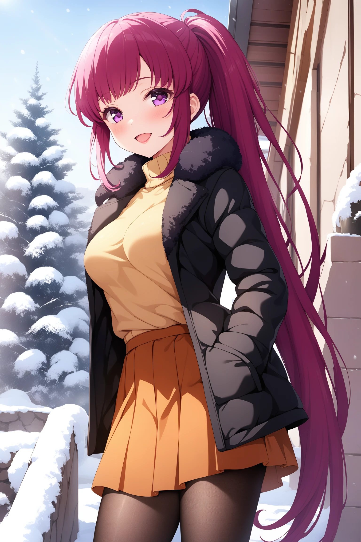 (masterpiece, best quality, very aesthetic, ultra detailed), intricate details, highly detailed background, perfect lightingbest quality, asamikei, solo, outdoors, winter, pink hair, ponytail, very long hair, sidelocks, purple eyes, medium breasts, black coat, open coat, fur trim, yellow sweater, orange skirt, black pantyhose, winter clothes, smile, open mouth, :d, pink lips, <lora:Asami-Kei:0.7>