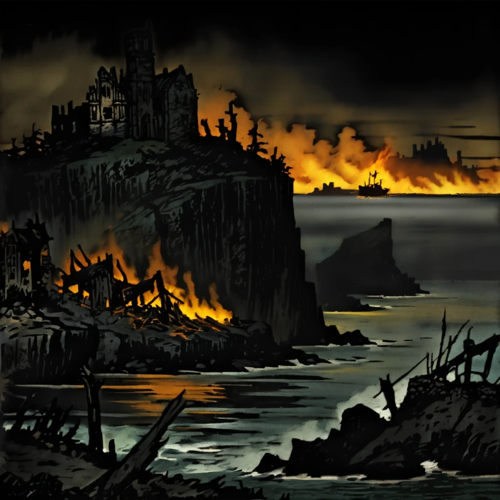 DarkestDungeon, gorgeous landscape, extremely detailed impressionistic painting, 19th century painting by John Longstaff, coast, cliffs, black rocks, dead trees, burning buildings on top of cliffs, fire illuminating the night sky, extremely dark, dark wispy clouds, water, ships in the distance