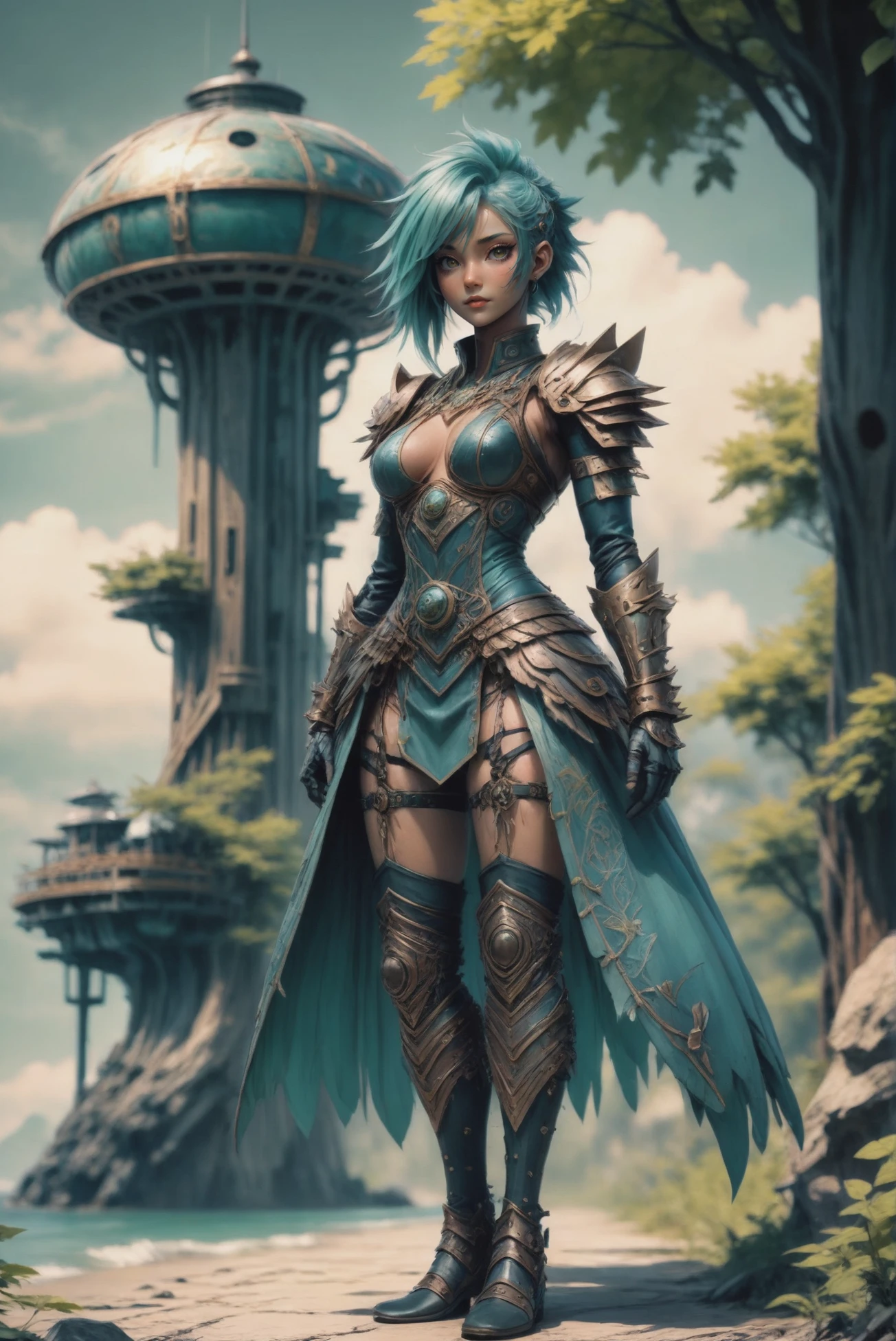 anime style, bronze forest automaton, full body, character concept art, 1girl, woman, (full body:1.2), 1boy, man, handsome, solo, [:epic costume design,:0.2] warlord, (asian:1.3), dark paleturquoise hair, (muscular:1) build, bombshell hair, sea green hair, High Ponytail, toned hourglass figure, caucasian, Utopian,solemn scifi megastructure at the beginning of time<lora:EnvyStarlightBronzeOrder01:1>