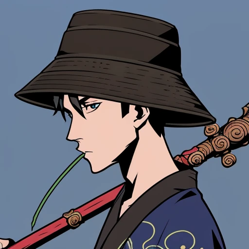 BACKGROUND is Blue,CLOTHING is Black Oversized Kimono,EYES is Striking,HAIR is Black Bucket Hat,MOUTH is Grass,OFFHAND is Monkey King Staff,TYPE is Human,