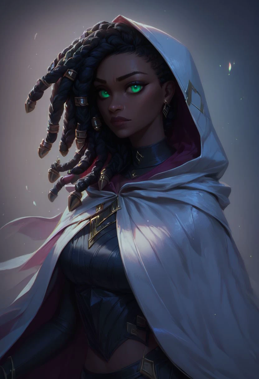 (((beautiful, hyper realistic, high quality))), portrait, score_9, score_8_up, score_7_up, realistic, 
1girl, dark skin, green eyes, black dreadlock, black top, long black gloves, white hooded cape, black pants