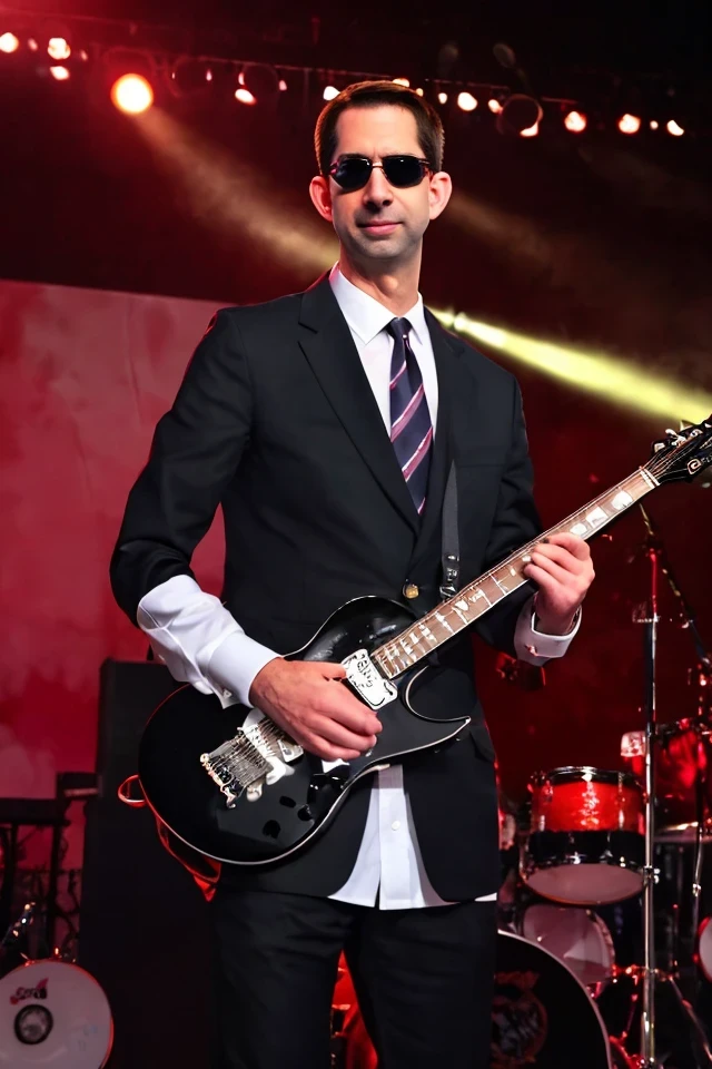 tom cotton <lora:senate_008_tom_cotton:0.65> , face closeup, face focus, shirt, formal, suit, collared shirt, white shirt, jacket,
Senate Rockstar: Dressed in leather pants, a rock band t-shirt, and sunglasses, holding an electric guitar on a stage with flashing lights and a cheering crowd in the background,
best quality, masterpiece, HDR, professional, studio quality, highres,