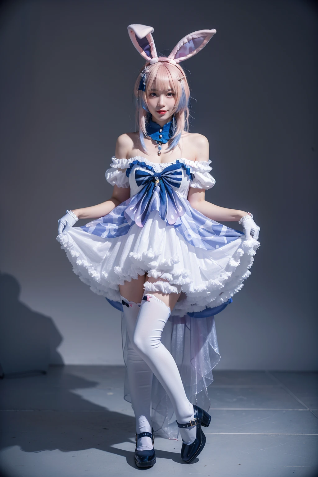 best quality, masterpiece, realistic, photorealistic, 1girl, solo, looking at viewer, smile, standing, full body, sangonomiya kokomi cosplay costume, sangonomiya kokomi, genshin impact, cosplay, alternate costume, pink hair, gradient hair, multicolored hair, long hair, dress, off-shoulder dress, frilled dress, frills, bow, detached collar, detached sleeves, dress bow, bare shoulders, fake animal ears, animal ears, rabbit ears, hair ornament, gloves, white gloves, thighhighs, high heels, grey background, <lora:Genshin_Kokomi_Rabbit_cosplay_v1:0.7>
