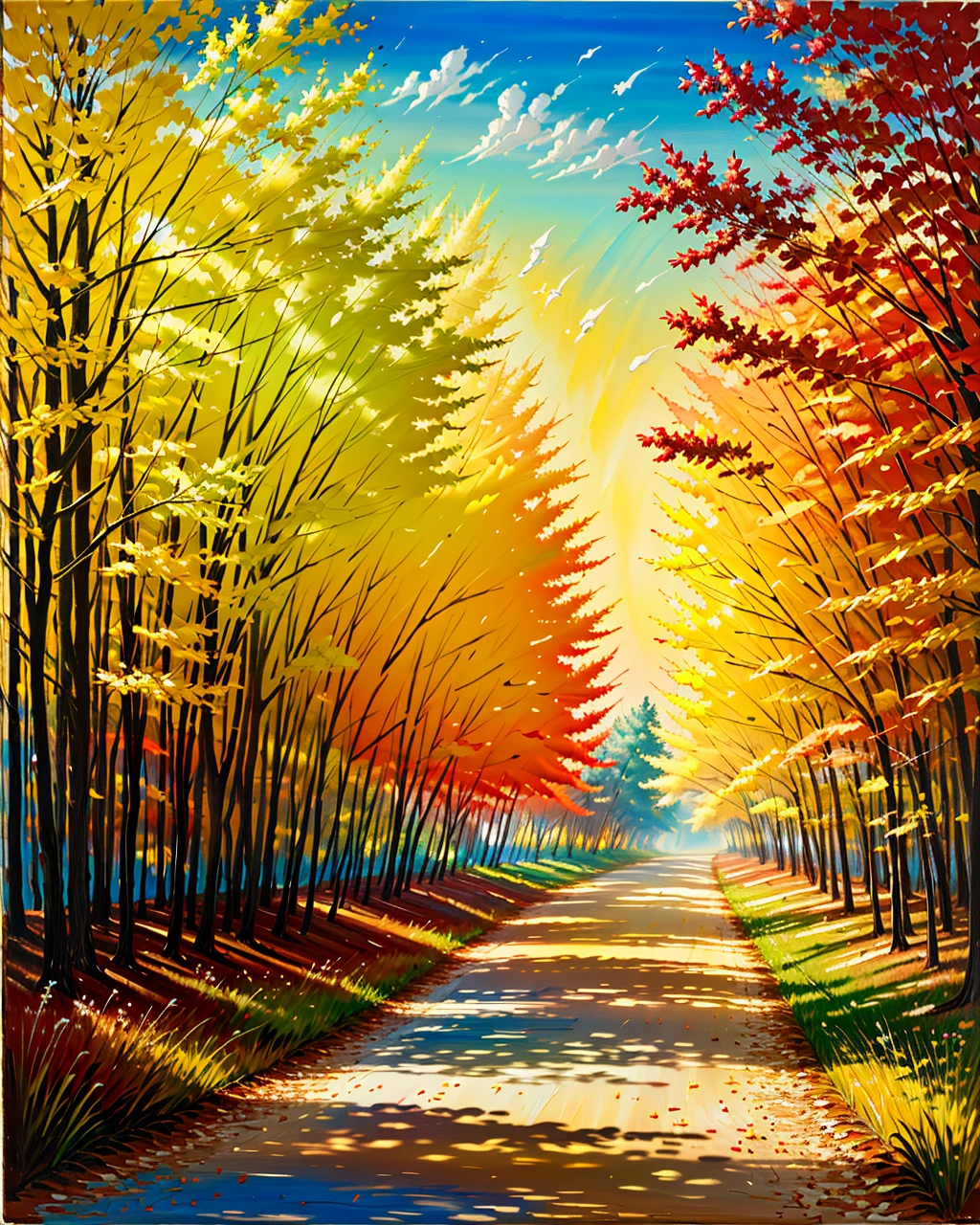 best quality,masterpiece,highly detailed,ultra-detailed, 
 <lora:neg9V2_last:0.5> 
 <lora:brushstroke_last:1.16>
oil painting \(medium\),realistic,, scenery,A fall country road winding through vibrant foliage, warm tones of red, orange, and yellow evoking nostalgia