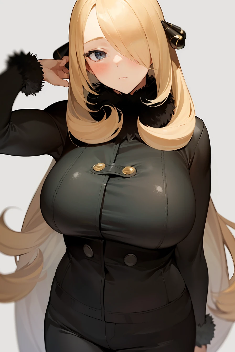 (masterpiece, best quality), 1girl, (solo), looking at viewer,
<lora:Cynthia (Ikuchan Kaoru)-offset:1>, cynthia-IK, blonde hair, hair ornament, hair over one eye, long hair, large breasts,
fur trim, pants, coat, fur collar, long coat, black coat, black pants, black outfit,
expressionless, closed mouth, blush,