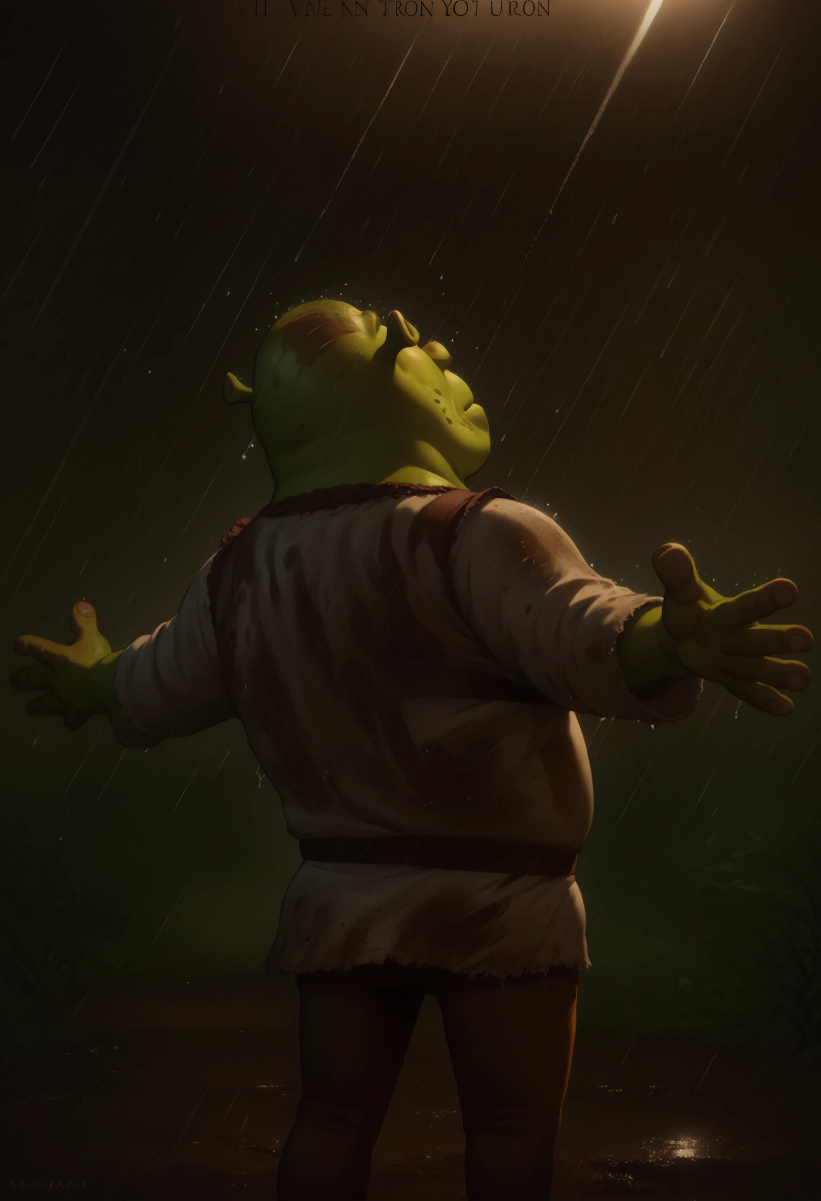 score_9, score_8_up, score_7_up, IncrsSRPoster, outstretched arms, rain, from behind, outdoors, <lora:ShawshankRedemptionPoster_XLPD:1>, english text, night, dramatical, epic, dark, 1boy, <lora:Shrek_XLPD:1> shrek, green skin, slums, wetland, dirty, dirty clothes, dirt, cowboy shot, leaning back,