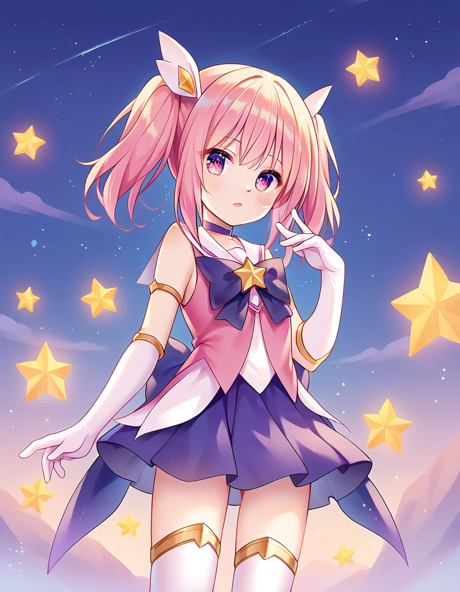 score_9, score_8_up, score_7_up, score_6_up, score_5_up, score_4_up
<lora:startguardian_lux_pony6_v1:.6> lxstrgrdn, magical girl, star \(symbol\),, elbow gloves, purple choker, sailor collar, hair ornament, white thighhighs, skirt ,pink vest <lora:yukinominato_style_xl_v2:1>night sky,