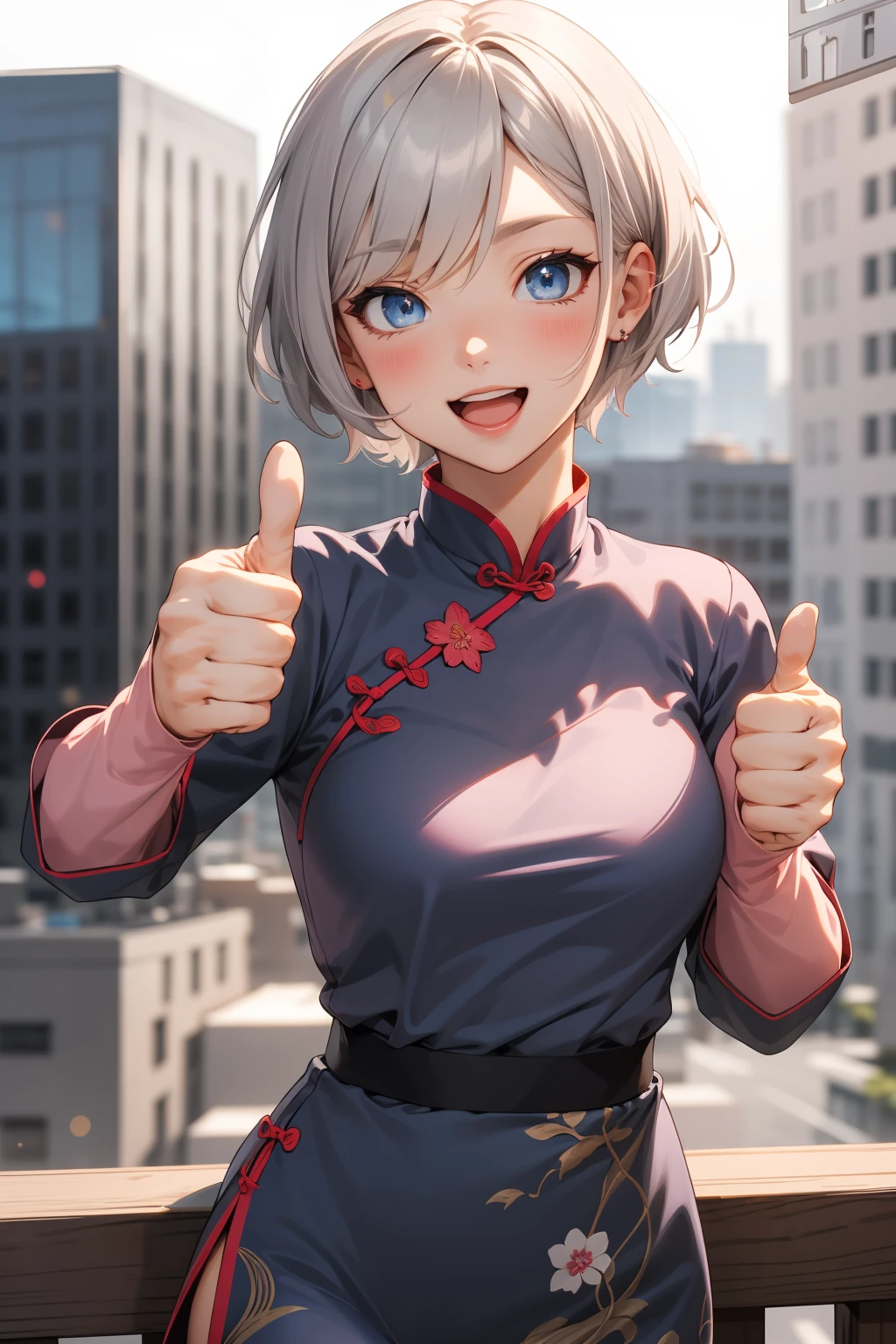 best quality, masterpiece, upper body, 1girl, :d, blue eyes, pixie cut hair, ash gray hair, full bust, (thumbs_up, five finger:1.2), pink cheongsam, city, sunbeam, blurred background