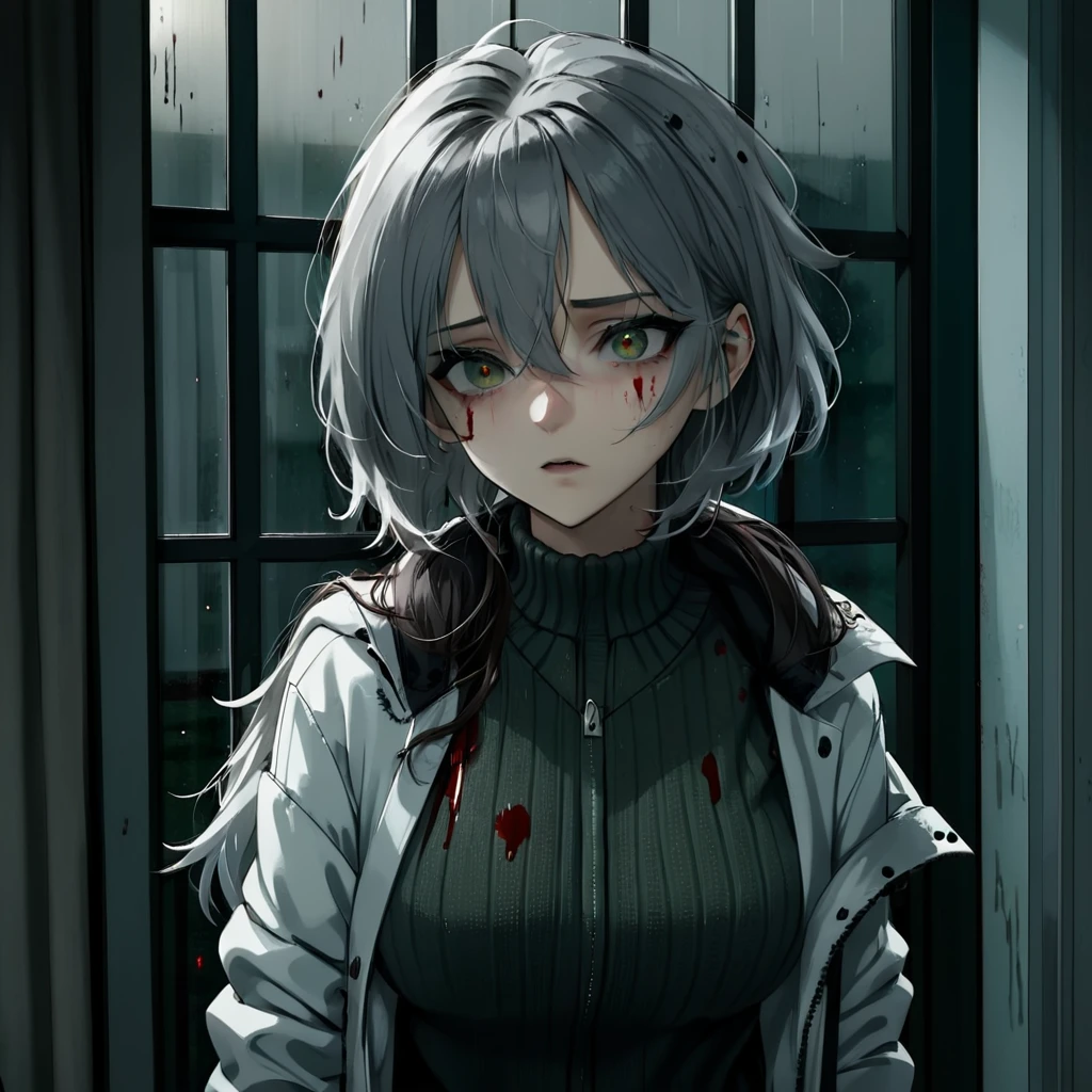 LowKeyLights,
1girl,solo,hair between eyes,jacket,grey hair,indoors,grey eyes,no humans,window,blood,night,white jacket,ribbed sweater,blood splatter
, <lora:low_key_lights_XL:0.8>
