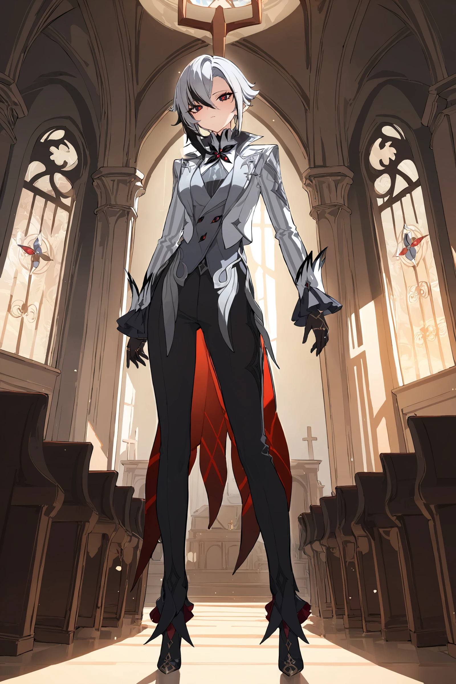 masterpiece, best quality, perfect features, intricate details, ray tracing, newest,(hitenkei, askzy:0.4), 1girl, arlecchino \(genshin impact\), black gloves, grey tailcoat, black pants, grey vest, grey shirt, high heels, looking at viewer, glaring, standing, full body, church, indoors, depth of field <lora:Char-Genshin-Arlecchino-XL-V1:0.9>