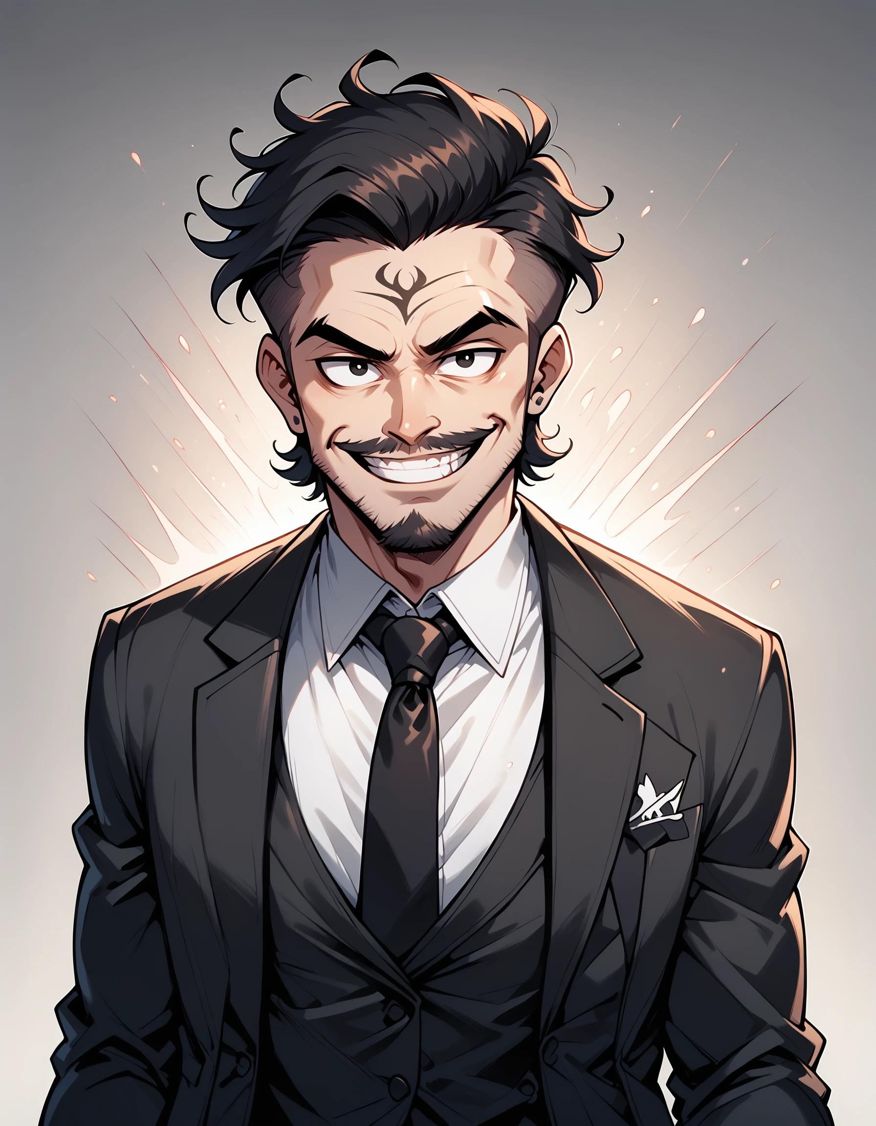 dspdxslme, 1boy, male focus, facial hair, solo, gloves, smile, necktie, black hair, white gloves, beard, grin, mustache, shirt, black necktie, black eyes, looking at viewer, collared shirt, formal, white shirt, suit, upper body, tattoo, jacket, Markiplier, evil, PonyXLV6_Scores, <lora:NijiSlimePDXL:1>