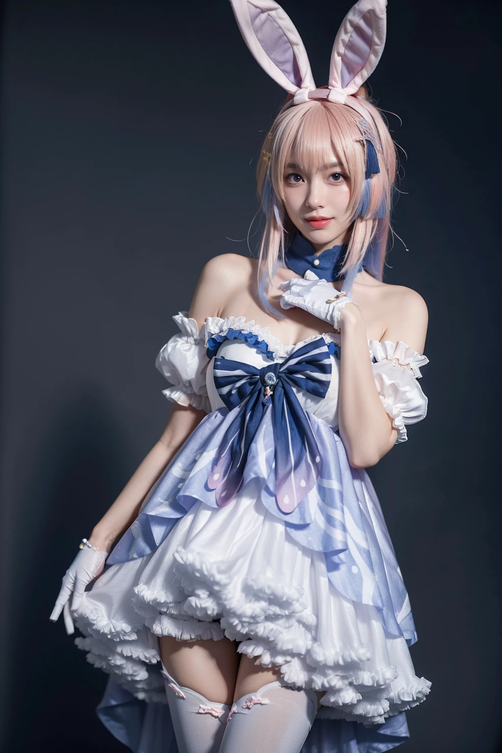best quality, masterpiece, realistic, photorealistic, 1girl, solo, looking at viewer, smile, standing, cowboy shot, sangonomiya kokomi cosplay costume, sangonomiya kokomi, genshin impact, cosplay, alternate costume, pink hair, gradient hair, multicolored hair, long hair, dress, off-shoulder dress, frilled dress, frills, bow, detached collar, detached sleeves, dress bow, bare shoulders, fake animal ears, animal ears, rabbit ears, hair ornament, gloves, white gloves, thighhighs, grey background, <lora:Genshin_Kokomi_Rabbit_cosplay_v1:0.7>
