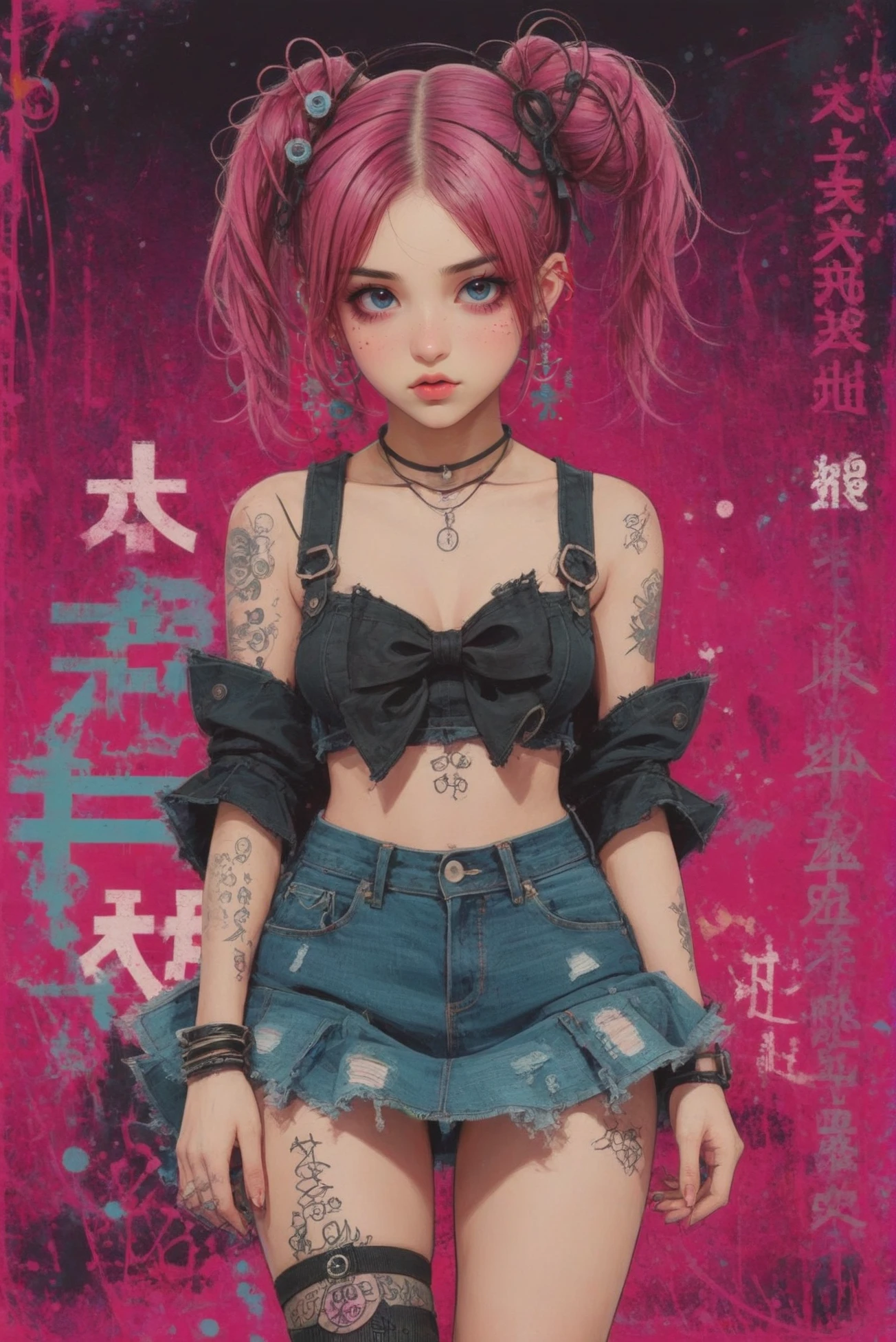anime style, full body, character concept art, 1girl, woman, goth sweet girl, [:casual, outlandish costume design,:0.2], punk hair, pink hair, Bow Bun,short hair, denim skirt, bombshell hair, magenta hair with azure highlights, hair bun, hourglass figure, caucasian, cyber-grunge background<lora:EnvyStarlightCyberGrunge01:1>