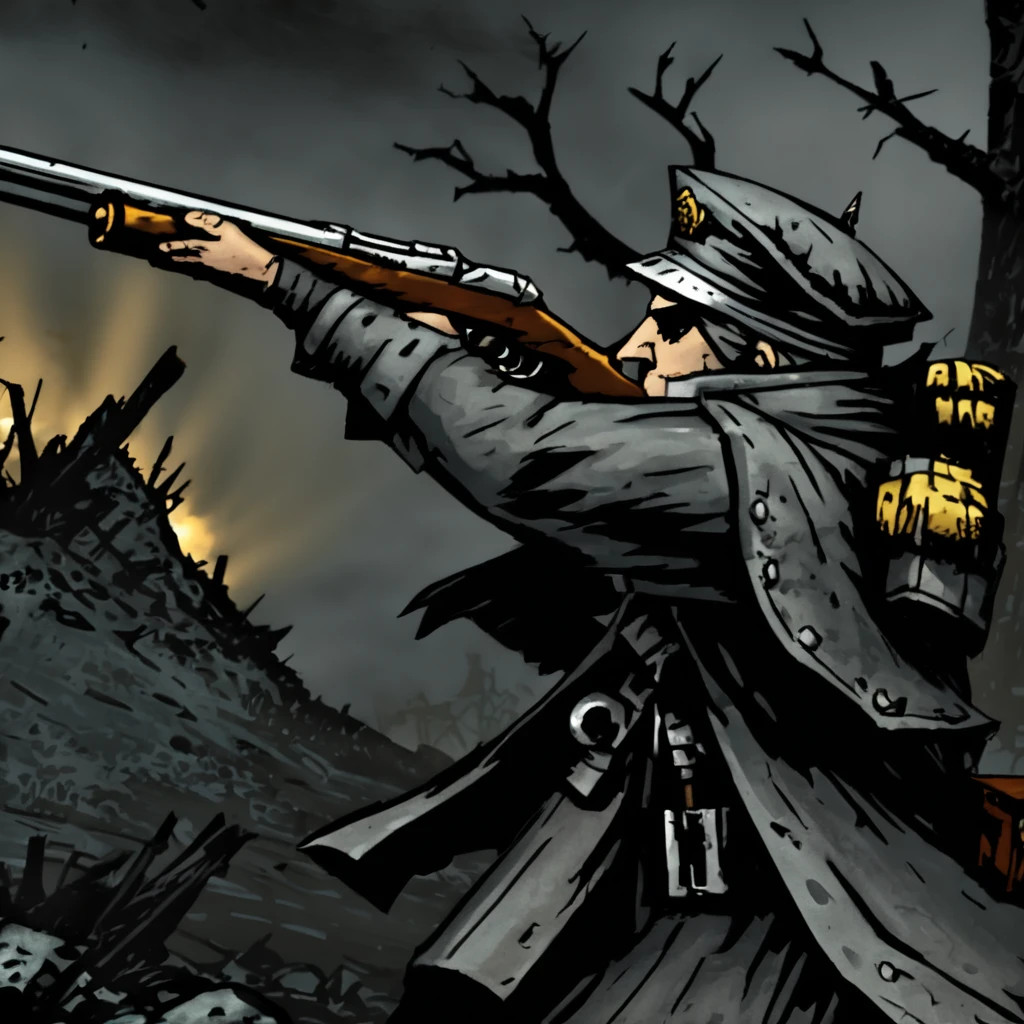 (extremely detailed, closeup of face and upper body, 3/4 body shot, hyperrealistic, photorealistic, filthy, dirt stains), DarkestDungeon,  ((DDHeroHighwayman)), ((rifleman, soldier, 19th century rifleman, wearing grey coat, wearing grey rifleman's cap, holding 19th century rifle, vintage weaponry, determined, epic pose, battle stance, aiming rifle)), orange-yellow sky visible under dark clouds, the top of a hill, dead trees, cliffs, black rocks, boulders, war, battlefield, banners set against the sky, men fighting in the distance, masterpiece, best quality, cinematic composition, vibrant, best lighting