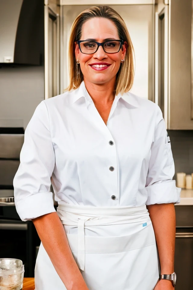 kyrsten sinema <lora:politician_005_kyrsten_sinema:0.65> face closeup, face focus, shirt, formal, suit, collared shirt, white shirt, jacket,
wearing a chef hat and apron, with a kitchen in the background,
best quality, masterpiece, HDR, professional, studio quality, highres,