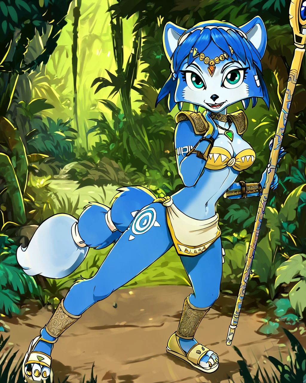 score_9, score_8_up, 1girl, Krystal, adventures, Krystal's staff, jungle, night, solo, <lora:Krystal_Starfox_PonyXL:1>