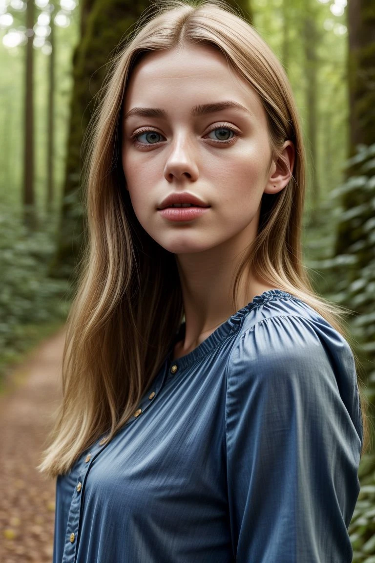 European woman, closeup, (shirt), pants, (bridge in the woods), (), ZM_adriana, wide shoulders, perfect face, (contact iris: 1.1), pale skin, skin pores , depth of field
