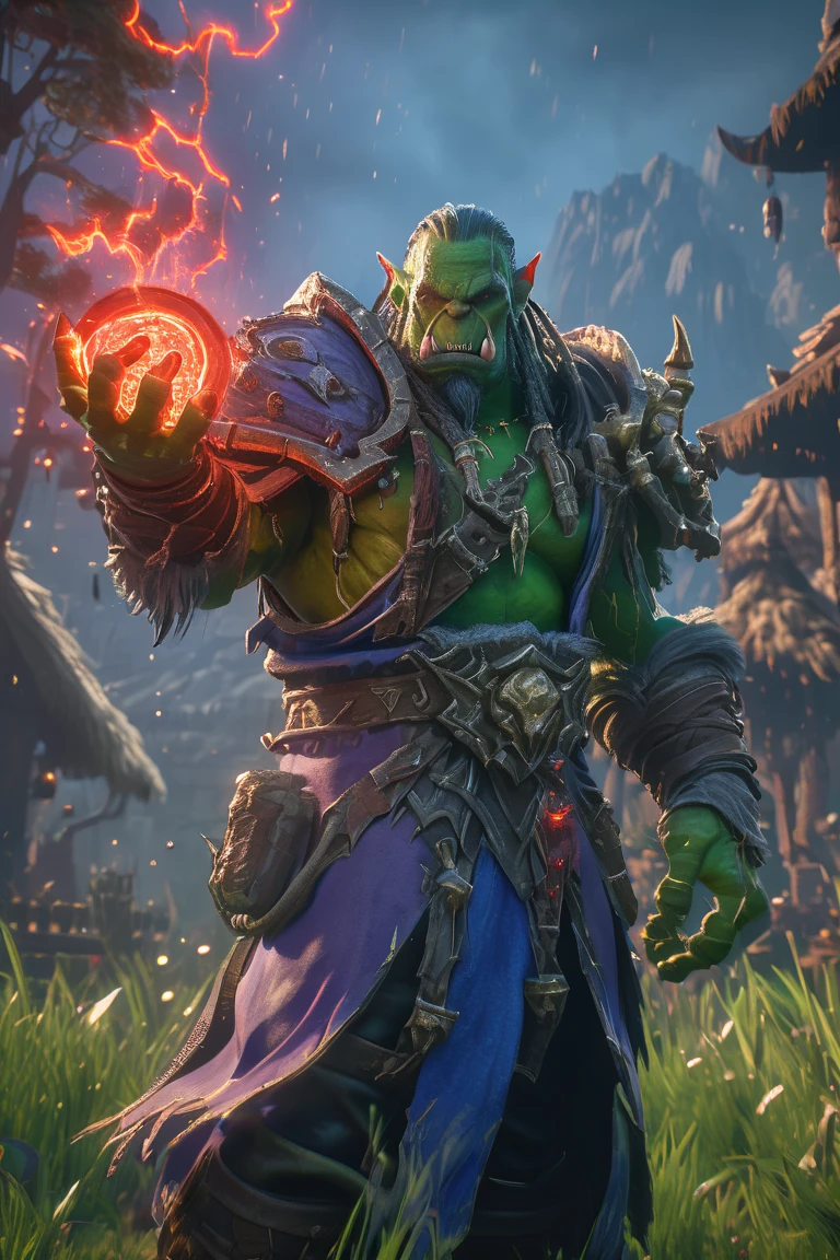 a cinematic fullbody shot of a world of warcraft Orc Shaman casting lightning magic spells, raining in background, unreal engine 5, HD, masterpiece, best quality, hyper detailed, ultra detailed