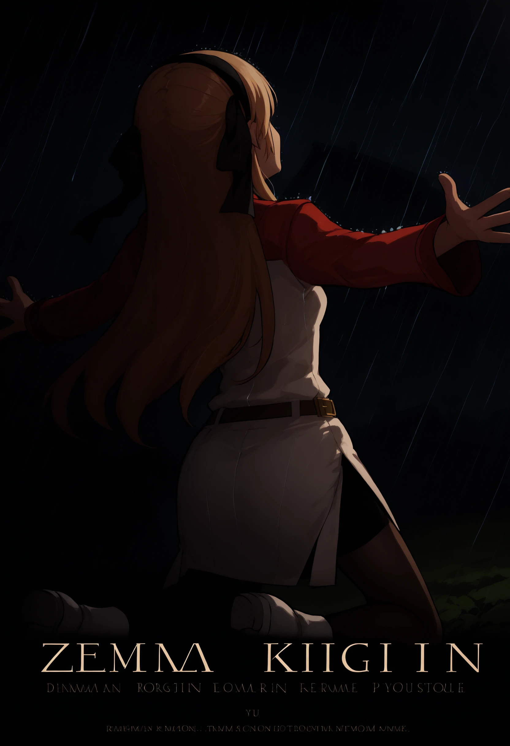 score_9, score_8_up, score_7_up, IncrsSRPoster, outstretched arms, rain, from behind, outdoors, <lora:ShawshankRedemptionPoster_XLPD:1>, english text, movie poster, night, dramatical, epic, dark, kneeling, <lora:elie-pdxl-nvwls-v1:1> zeroElie, black hairband, hair ribbon, long hair, uniform, long red sleeves, white dress, pencil skirt, belt, black pantyhose, white boots