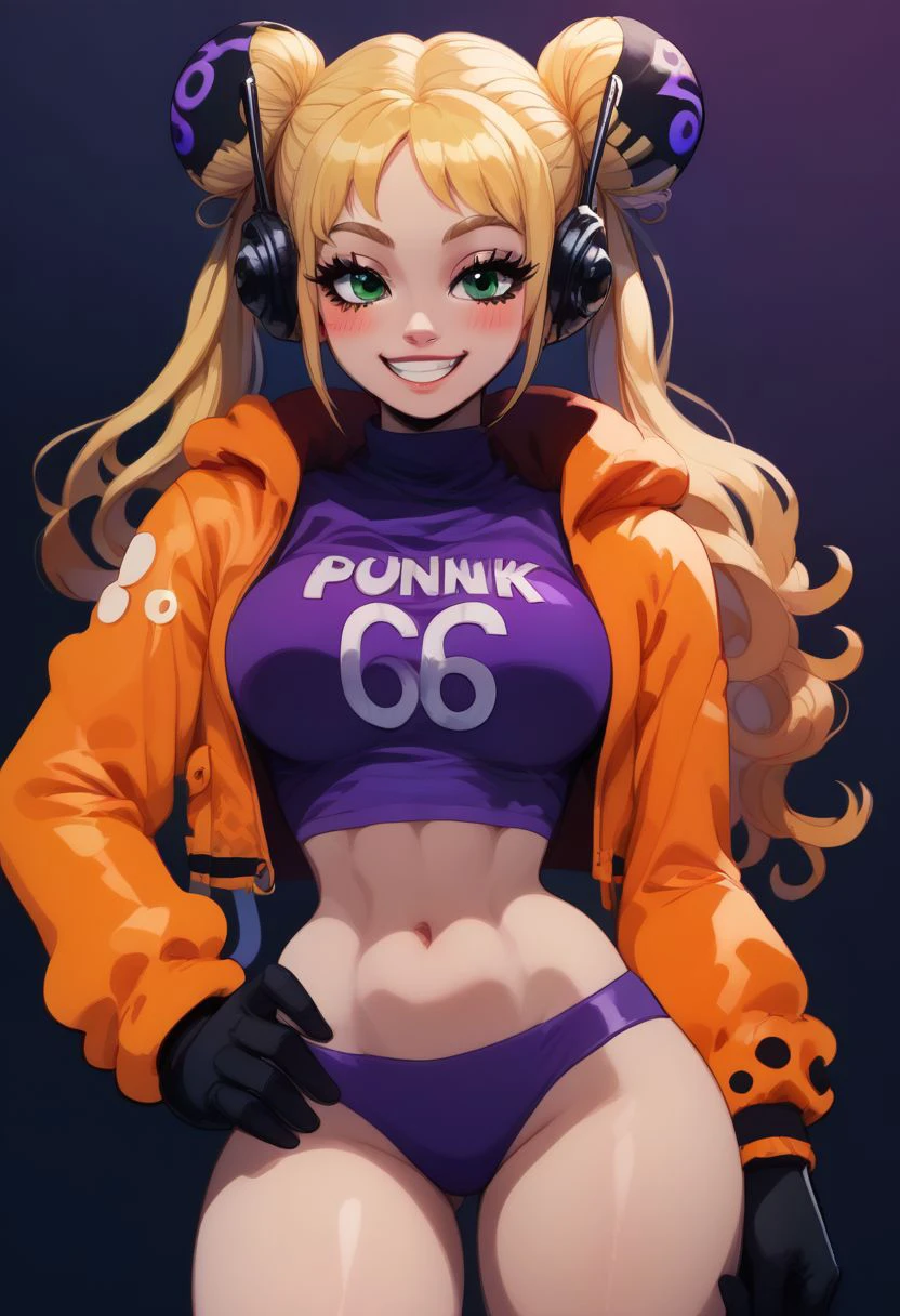 score_9, score_8_up, score_8, medium breasts, (curvy), zzvegapunkyork, Vegapunk_York, solo, 1girl, long hair, double bun, hair bun, blonde hair, orange jacket, purple crop top, purple bikini, green eyes, hand on hip, headphones, black gloves, solo, cowboy shot, looking at viewer, smile, blush,