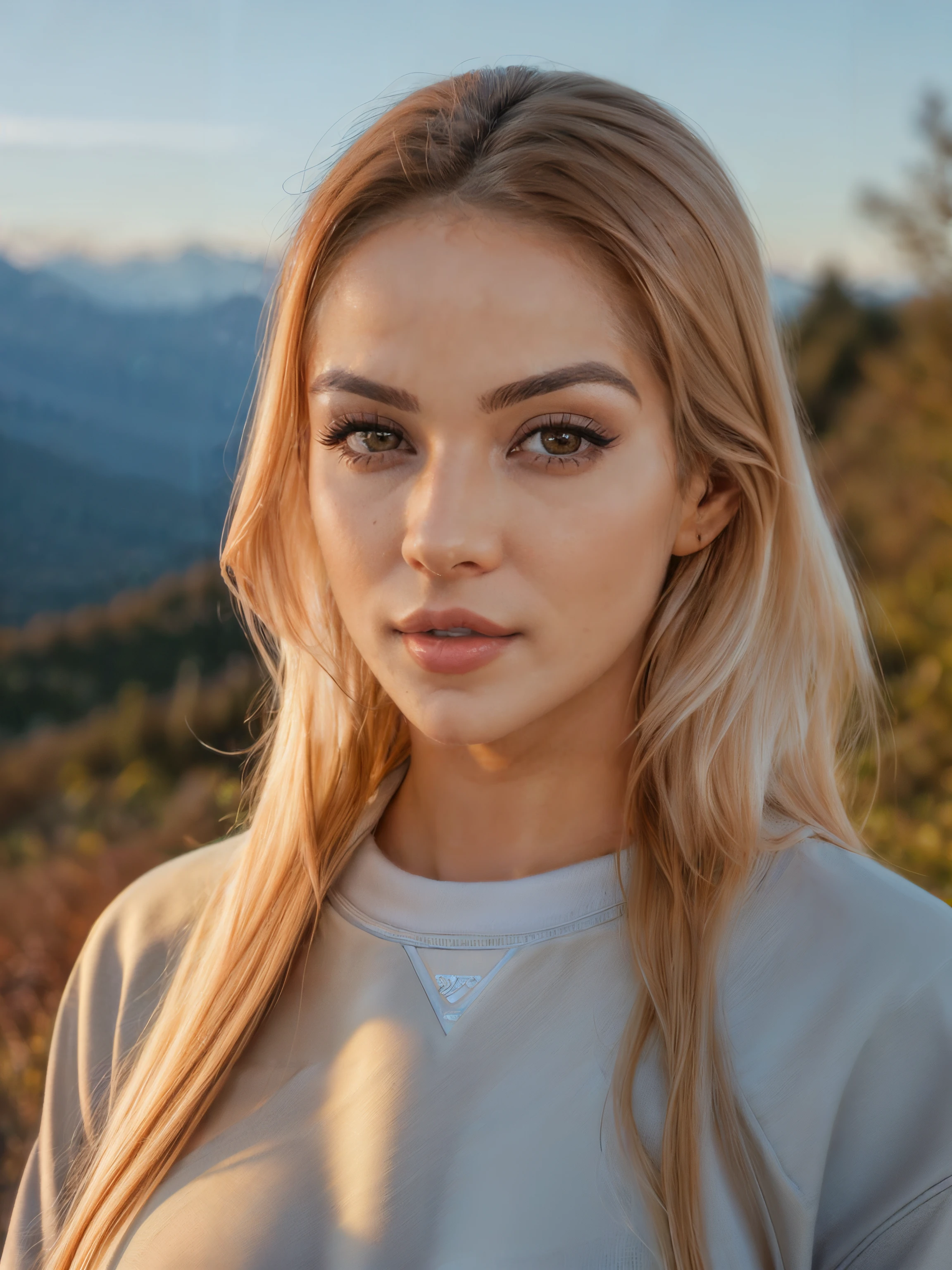 ((closeup portrait:1.2)) of a beautiful woman, ch3k1ss long straight hair, (wearing crewneck sweatshirt:1.2), nose ring, mountain background, vibrant, lush, sunset,,,, HDR,  hard shadows, award winning photo,  <lora:ch3k1ss-000007:1>