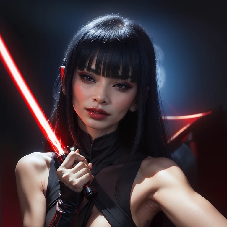 selfie,realistic,SFW, bai ling Bazlunipa woman as an evil sith lord holding a light saber <lora:Bazlunipa:1>, clothing(dramatic sith rob ), cheeky smile, background(octans<lora:octans-PYNOISE-LOHA:0.6>), light_saber <lora:1024_Lion_LyCORIS_loha:0.5>,