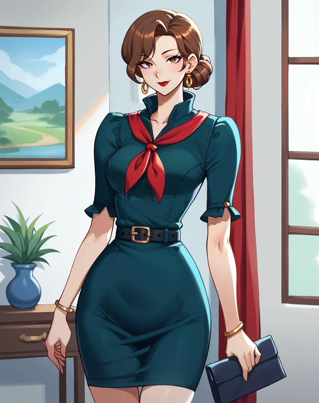 score_9, score_8_up, score_7_up, score_6_up, score_5_up, score_4_up, BREAK ,cowboy shot,1girl,solo,smile,puffy lips,lipstick,source_anime,sexy pose,digital painting,looking at viewer,
edgpdress, smile, skirt, brown hair, holding, jewelry, standing, earrings, belt, indoors, bracelet, neckerchief, thigh gap, red lips ,wearing edgpdress
 <lora:edgOfficeLadyPony:0.8>