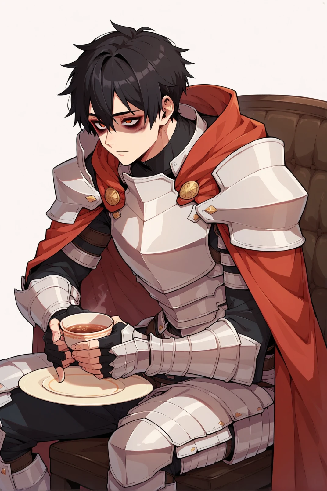 1boy, kim_minsu, bags under eyes, black hair, bangs, red cape, armor, shoulder armor, breastplate, <lora:Kim Minsu _Hero has Returned Pony XL-000002:0.8>, sitting on chair, holding cup of tea, score_9, score_8_up, score_7_up,