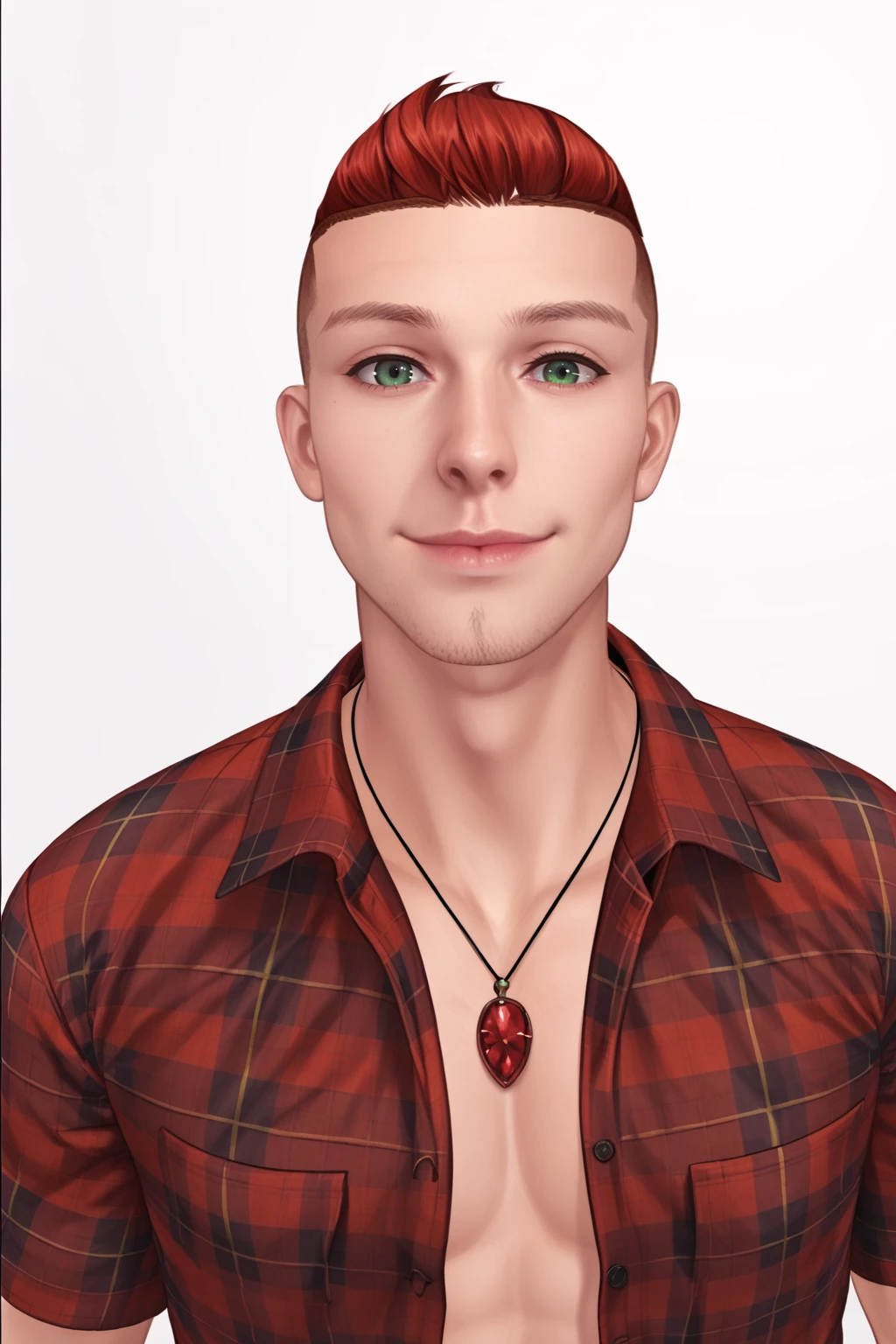 PonyXLV6_Scores , rnxdkxlz, solo, male focus, 1boy, red hair, looking at viewer, shirt, jewelry, necklace, plaid shirt, facial hair, plaid, white background, simple background, lips, smile, red shirt , short hair, spiked hair, green eyes, <lora:RanaHXV:0.8>