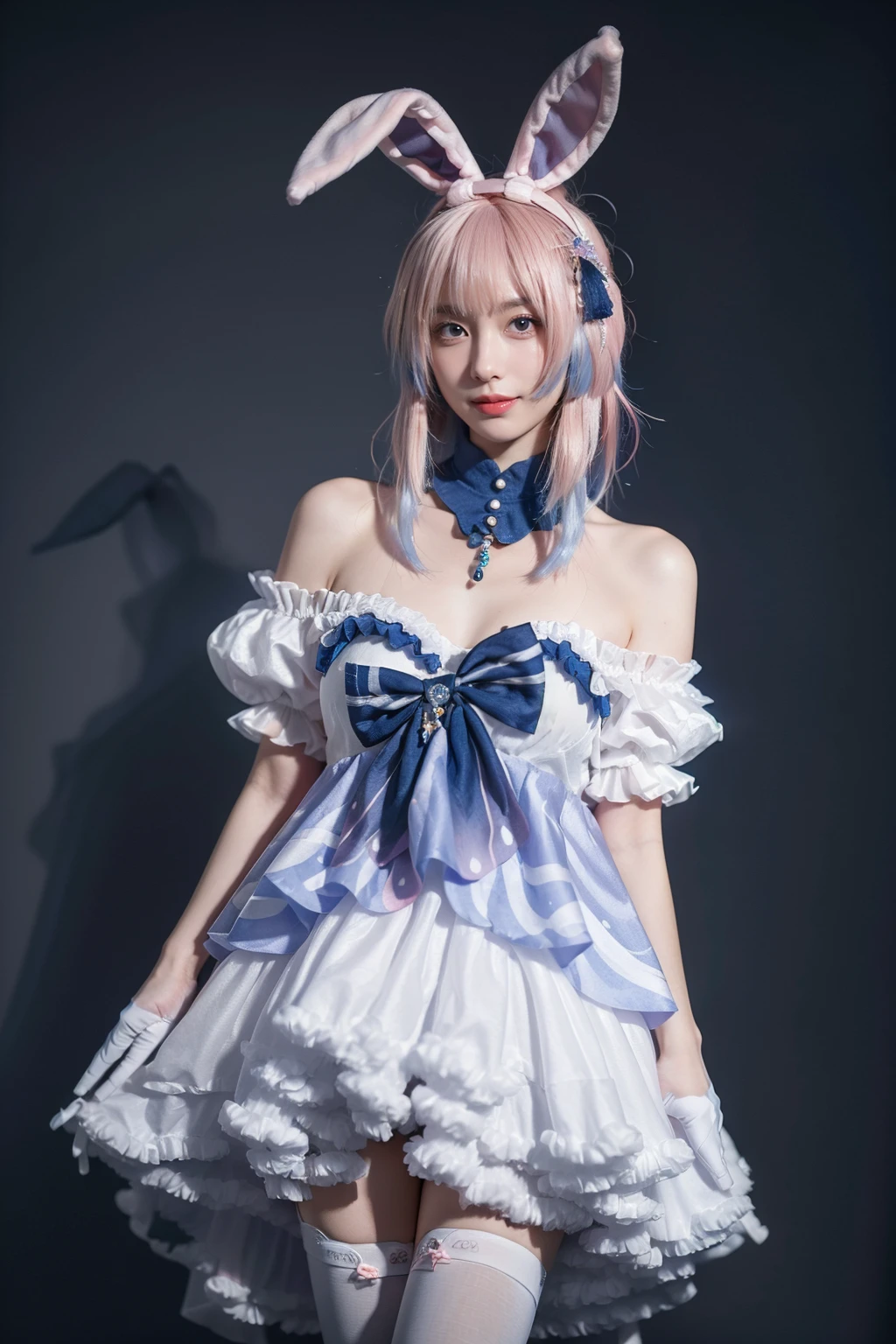 best quality, masterpiece, realistic, photorealistic, 1girl, solo, looking at viewer, smile, standing, cowboy shot, sangonomiya kokomi cosplay costume, sangonomiya kokomi, genshin impact, cosplay, alternate costume, pink hair, gradient hair, multicolored hair, long hair, dress, off-shoulder dress, frilled dress, frills, bow, detached collar, detached sleeves, dress bow, bare shoulders, fake animal ears, animal ears, rabbit ears, hair ornament, gloves, white gloves, thighhighs, grey background, <lora:Genshin_Kokomi_Rabbit_cosplay_v1:0.7>