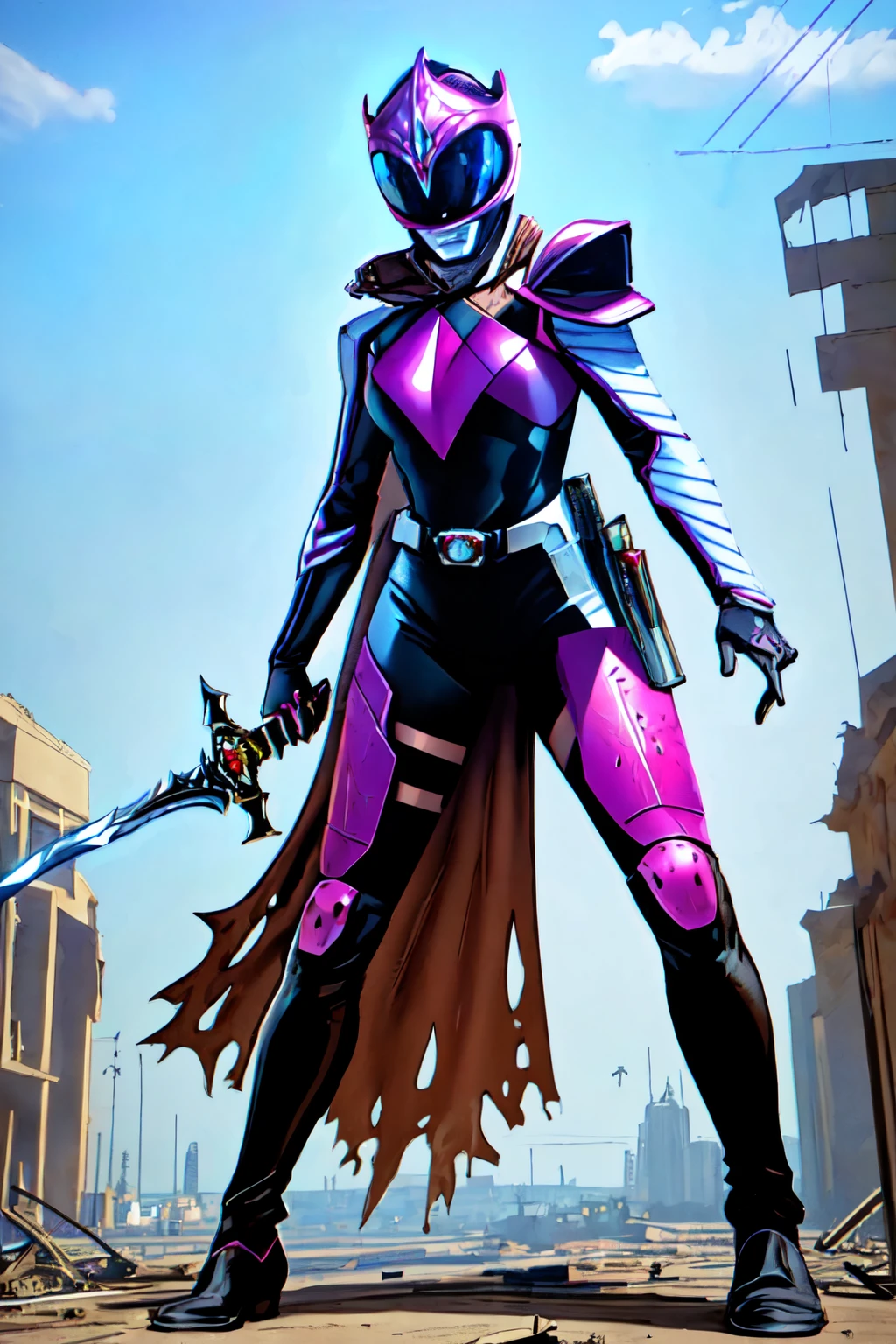 beautiful eyes, beautiful girl, high detail skin, high detail eyes, high detail hair, highres, ultra detailed, sharpen picture, Highly detailed, masterpiece, best quality, photorealistic,
<lora:Ranger SlayerLoRA:1> 1girl, bodysuit, armor, cape, helmet, gloves, belt buckle, boots, holster, holding sword, dynamic fighting pose in a destroyed city